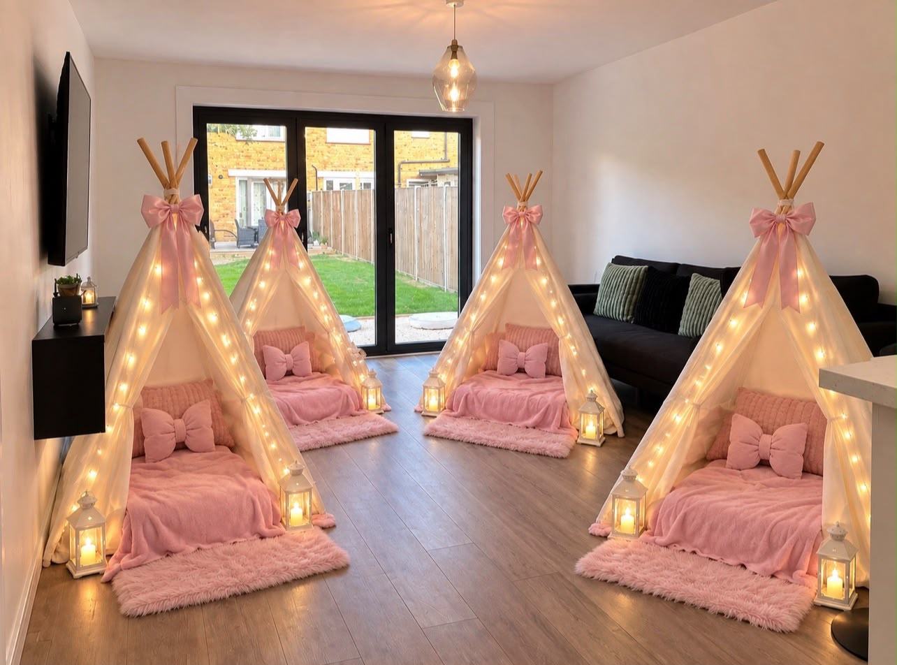 Pink tipis set up for a pamper sleepover